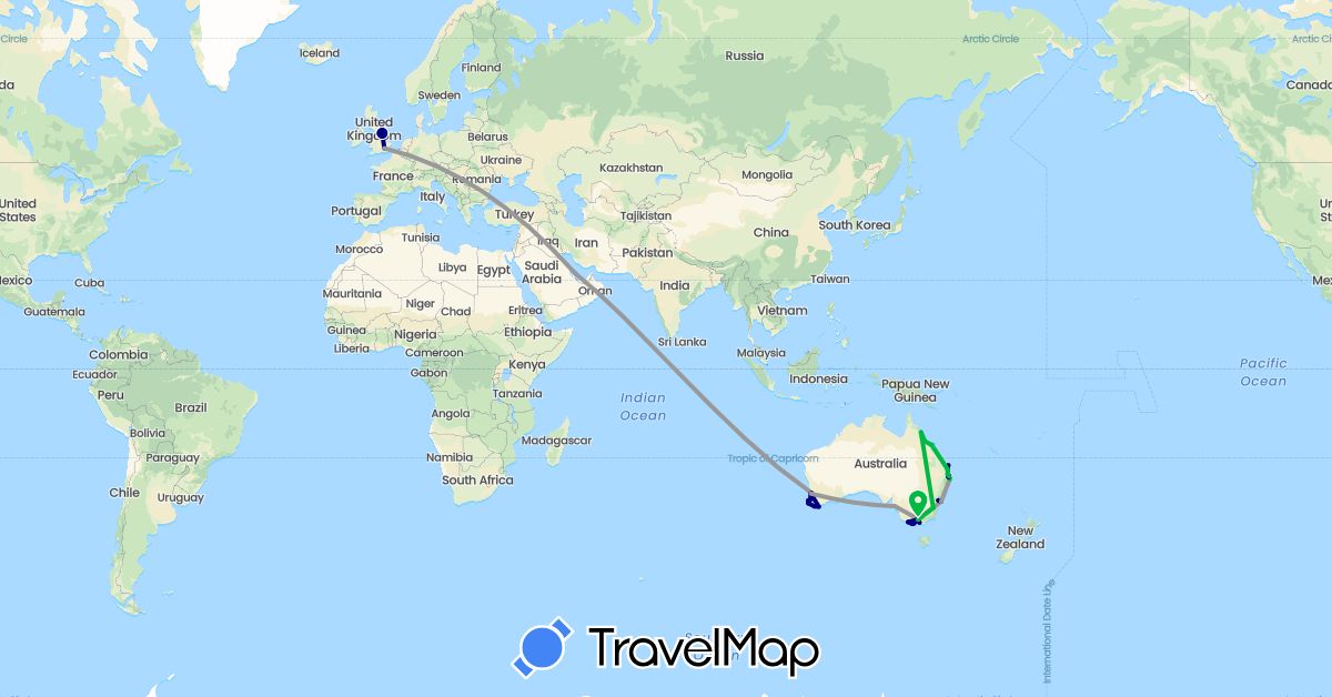 TravelMap itinerary: driving, bus, plane, hiking, boat in Australia, United Kingdom, Qatar (Asia, Europe, Oceania)